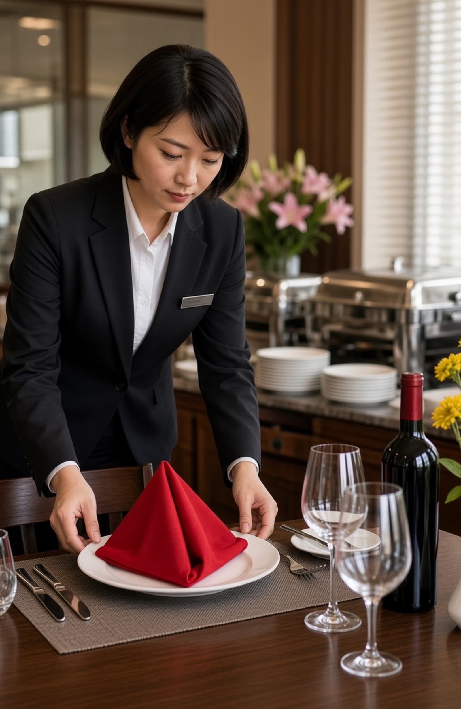 Floor leader setting a place with a folded red napkin